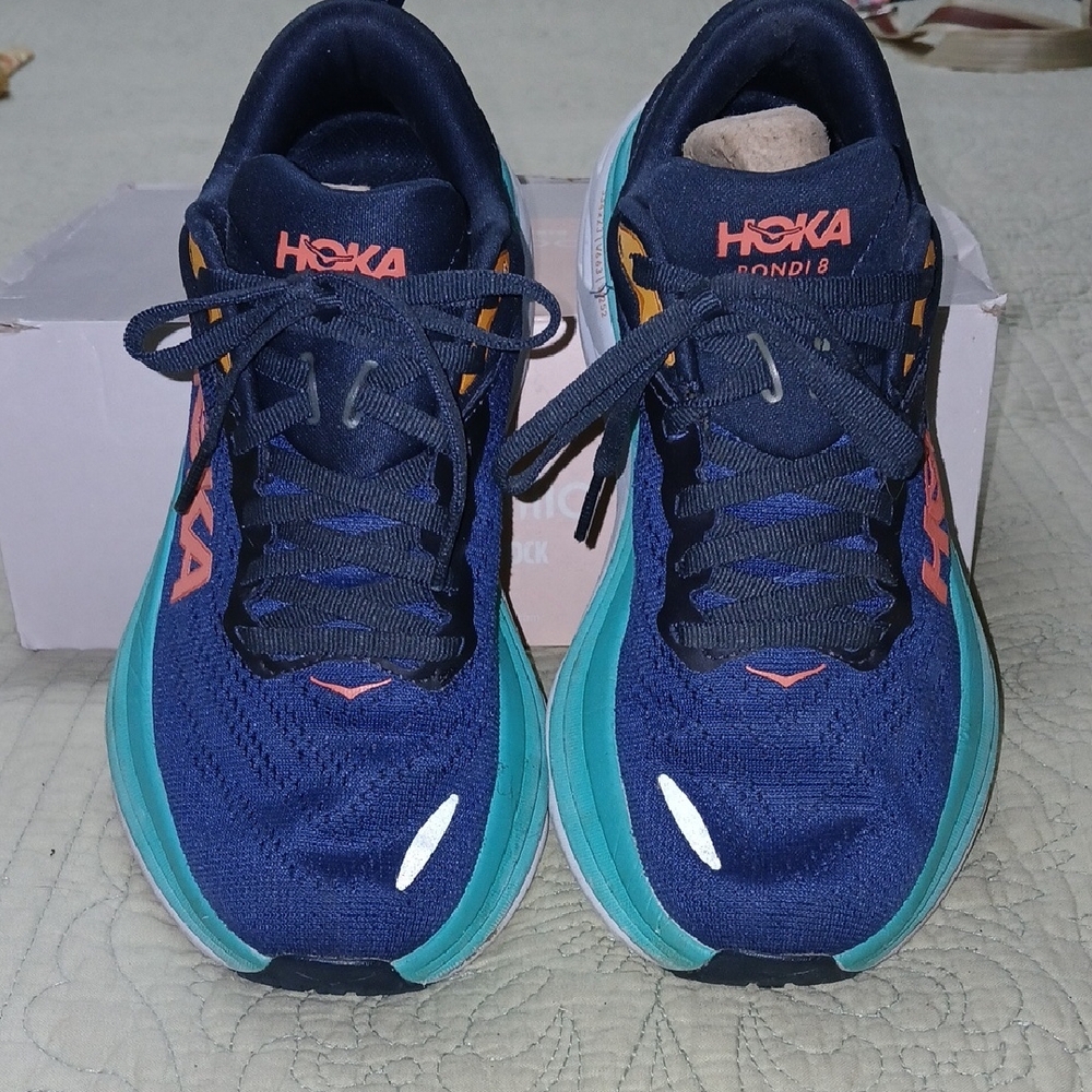 Hoka Blue and Turquoise Bondi 8 Athletic Shoes
